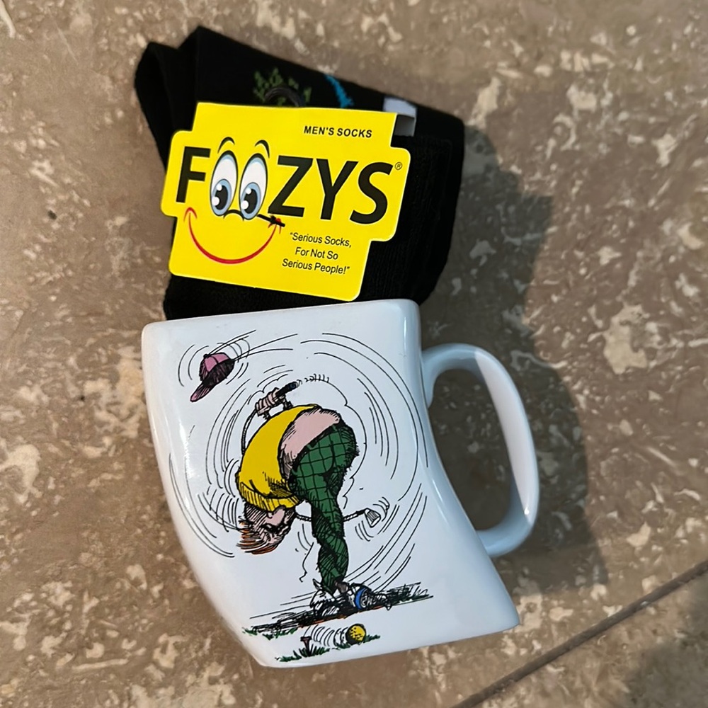Vintage Funny Golf Mug “The Results of Over-Swing” and Foozys golf socks
